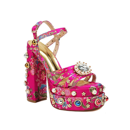Neue Damen Sommer Plateau Sandalen wasserdicht dicker Boden Wasser Diamant Perle Niete Blume Satin offene Spitze High Heels groß