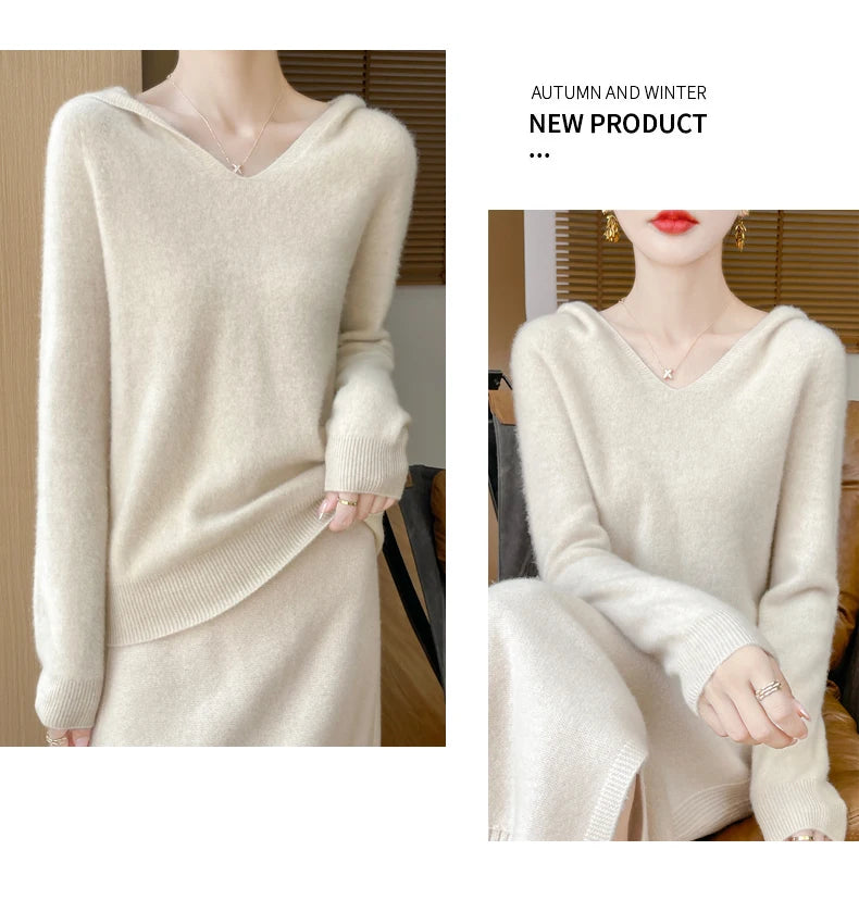 Abbigliamento donna autunno inverno colletto con cappuccio pullover maglione di lana merino 100% nuova moda top in cashmere che tocca il fondo maglieria morbida