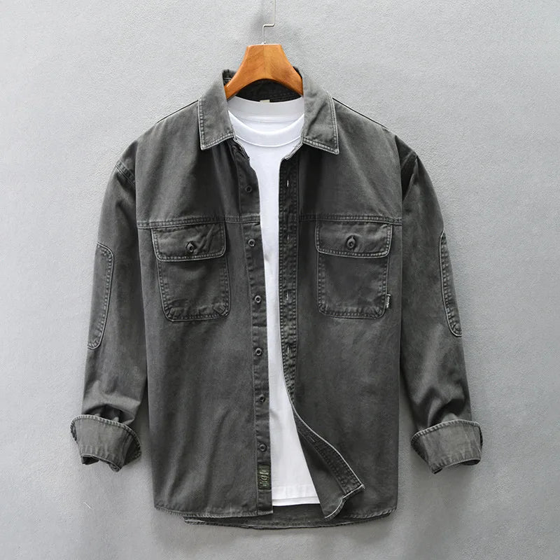 Camicia cargo vintage patchwork multitasche da uomo moda autunno inverno tinta unita manica lunga 100% cotone camicetta ampia quotidiana