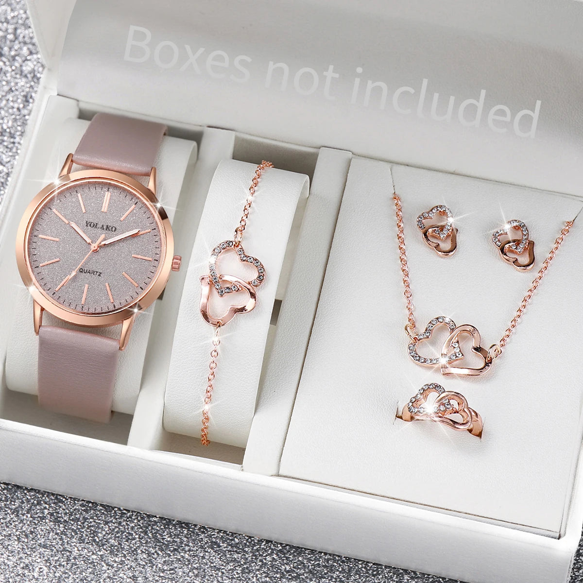 6 pezzi/set moda quadrante smerigliato orologio al quarzo da donna cinturino in pelle orologi da polso set di gioielli a forma di cuore (senza scatola)