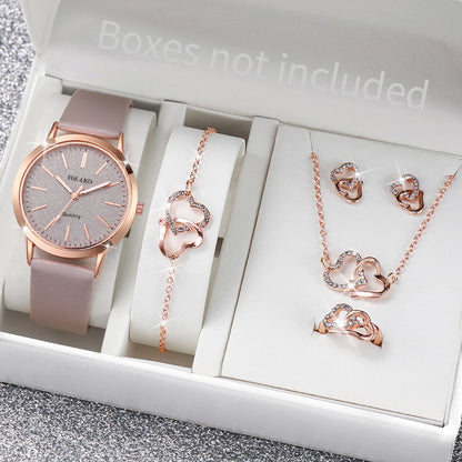 6 pezzi/set moda quadrante smerigliato orologio al quarzo da donna cinturino in pelle orologi da polso set di gioielli a forma di cuore (senza scatola)