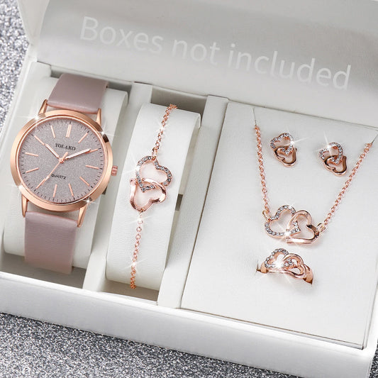 6 pezzi/set moda quadrante smerigliato orologio al quarzo da donna cinturino in pelle orologi da polso set di gioielli a forma di cuore (senza scatola)