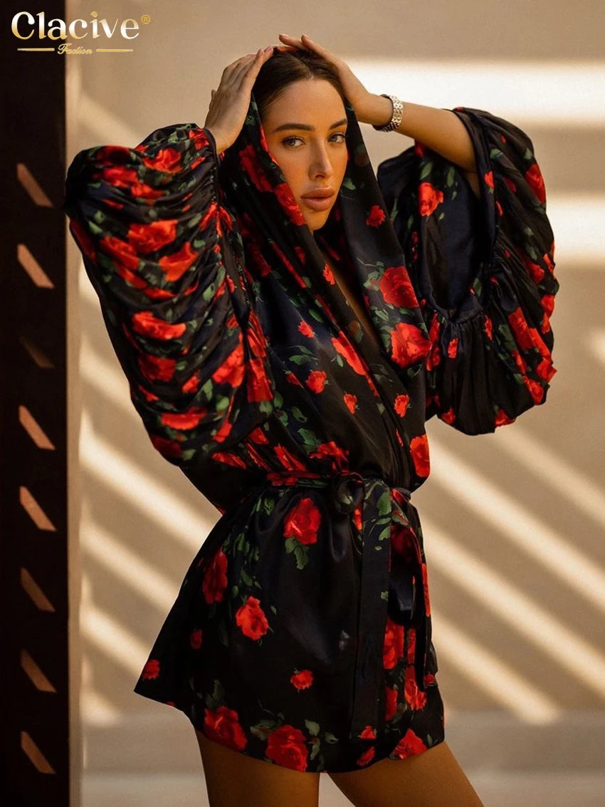 Clacive Fashion Abiti da donna con stampa allentata 2025 Mini abito sexy a maniche lunghe con cappuccio Elegante abito classico con lacci Abbigliamento femminile