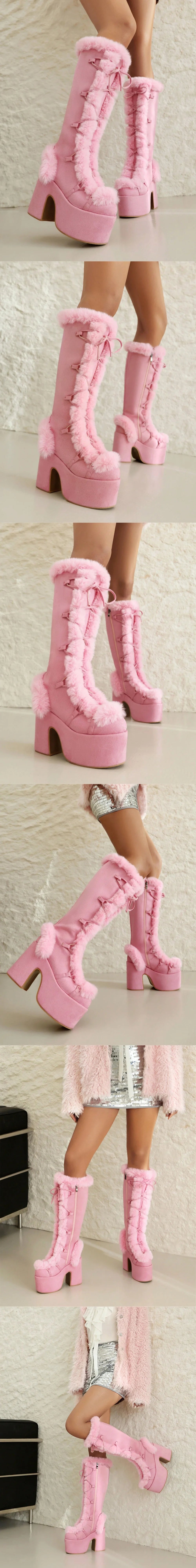Big Size 46 Winter y2k Pink Knee High Boots Women White Chunky Platform Boots Gothic Black Faux Fur Block High Heels Boots Shoe