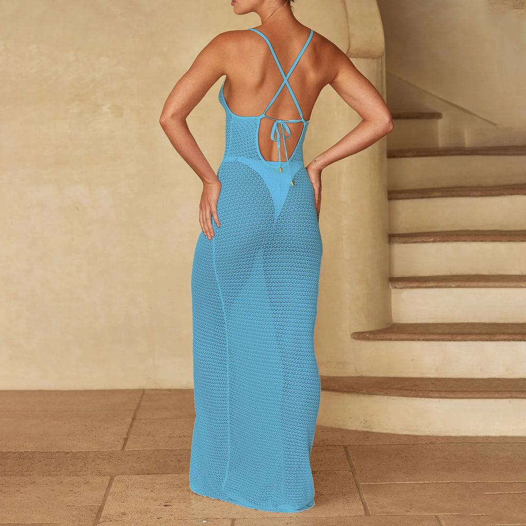 Yiiciovy Copricostume lavorato a maglia da donna Abito lungo da spiaggia all'uncinetto con scollo a V profondo Abito da bagno con cut-out incrociato in pizzo senza schienale