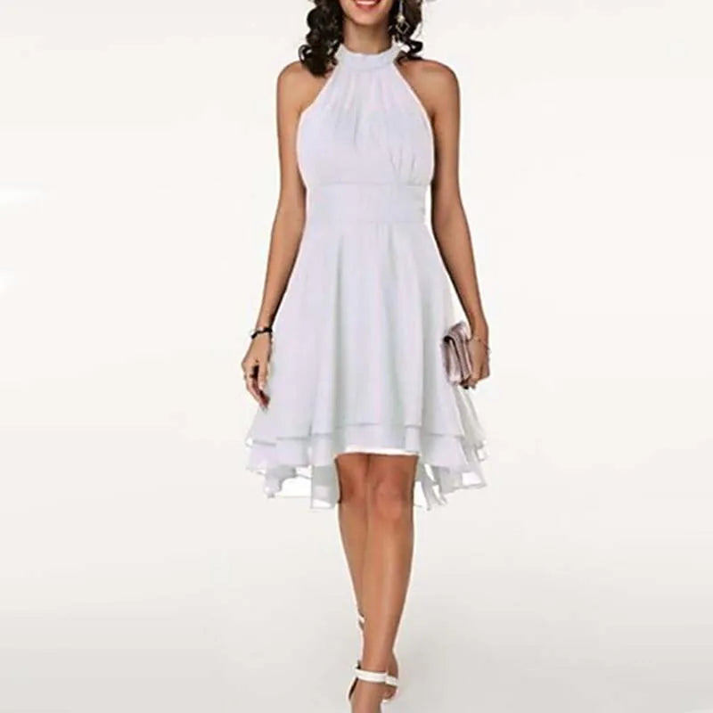 Summer Sexy Women Halter Tierred Ruffle Chiffon Mini Dress Elegant Office Lady Corset Irregular A-line Guest Evening Party Dress