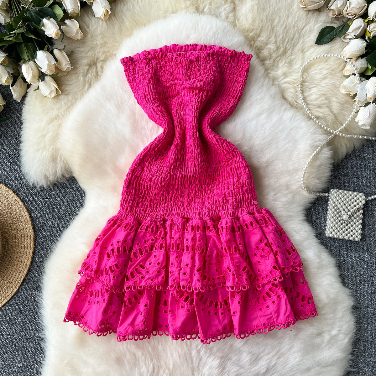 Sexy senza maniche tube top pieghettato cut out ricamo ruffle Dress Chic Vintage Evening Party Women Chic summer sweet dresses