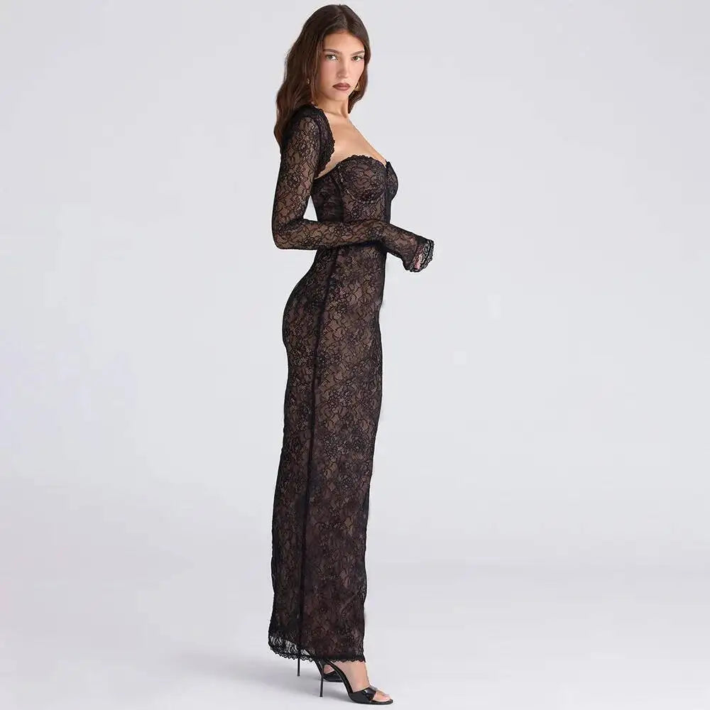 Townlike pizzo sottile aderente maxi abito lungo donna 2025 estate autunno inverno abito discoteca abiti da festa sexy con fodera a scialle