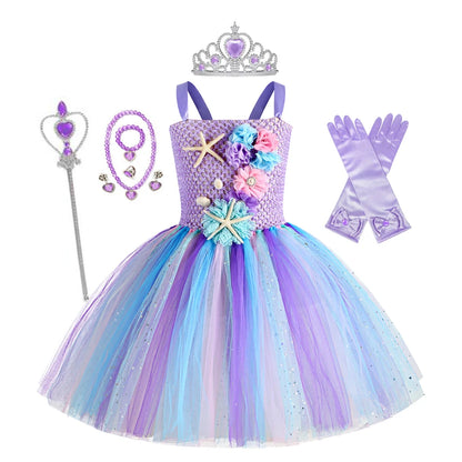 Abito tutù a sirena per ragazze sotto il mare Costumi di carnevale per feste di compleanno a tema con fascia per fiori Abiti per Halloween oceano 1-12 anni