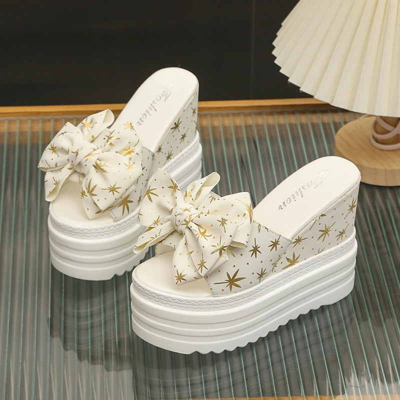 LazySeal 12 cm Super High Women Slides Sandalo Farfalla Nodo Dec Scarpe da sposa da donna Modello foglia d'acero Nuova piattaforma Scarpe estive