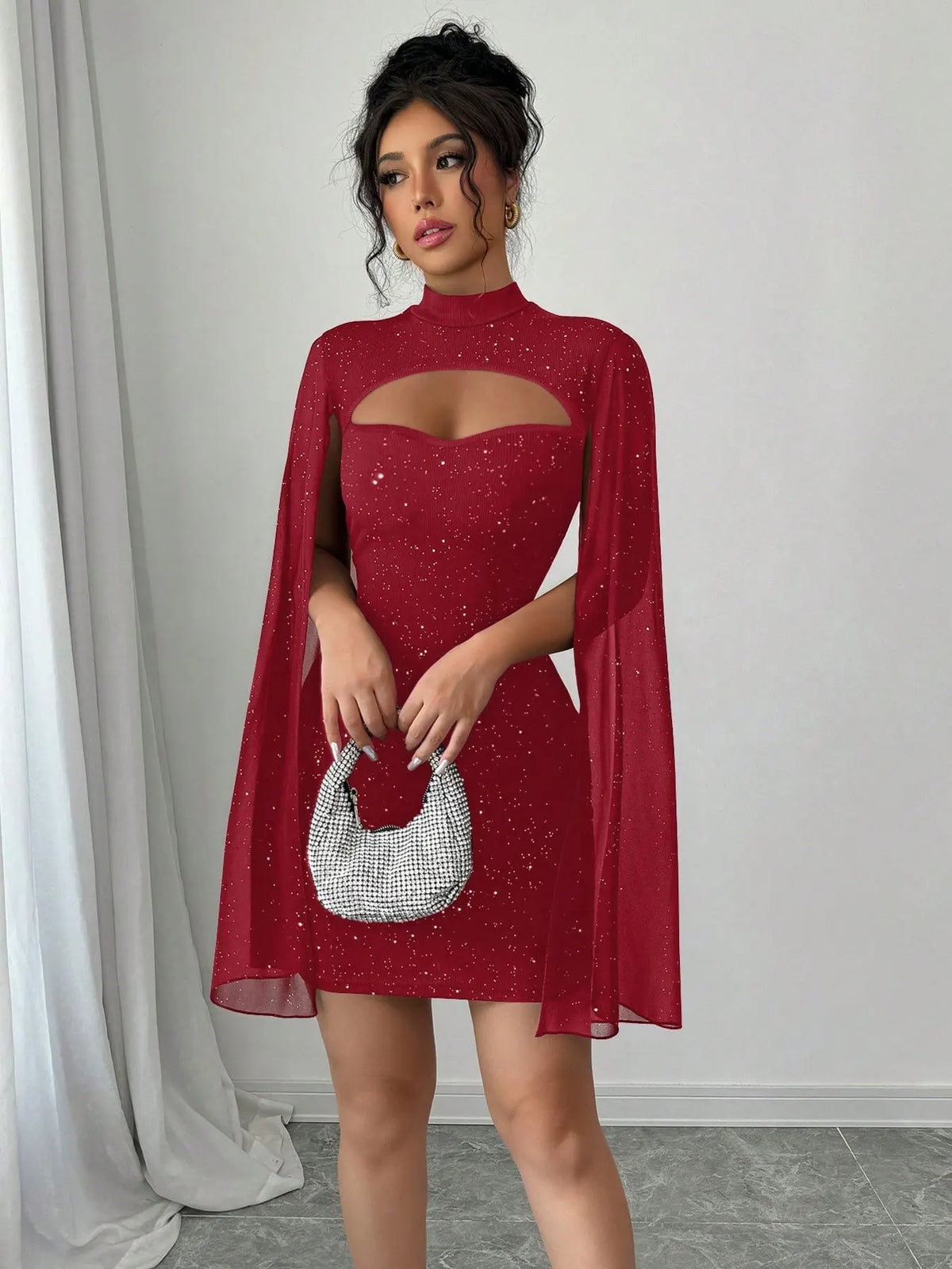 Mini abito a mantella con colletto alla coreana da donna sexy con paillettes scintillanti Club Party Night Out aderente aderente elegante autunno inverno