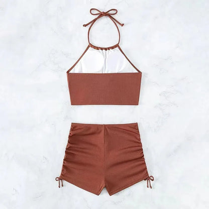 Maillot de bain femme européen et américain couleur unie bretelles bikini cou suspendu maillot de bain fendu sexy style fille épicée cordon de serrage