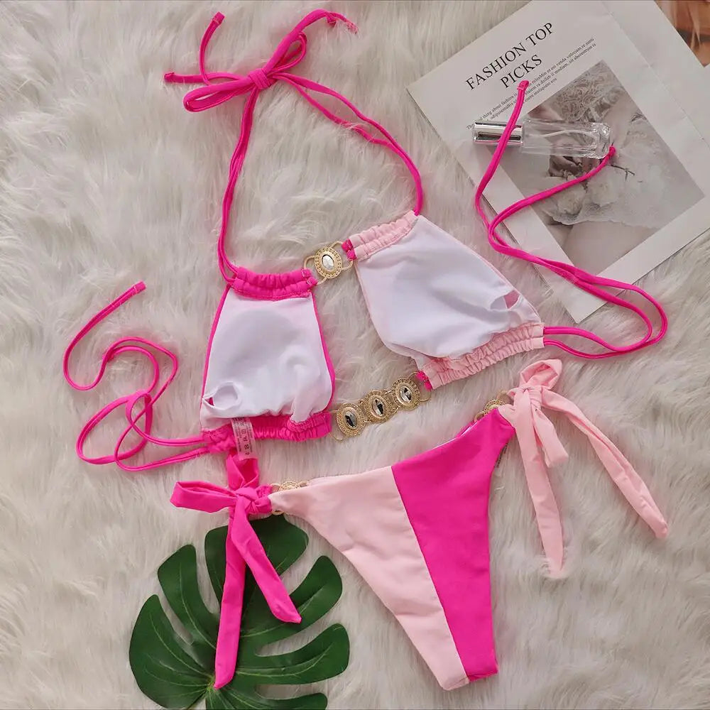 2026 Bikini da donna a due pezzi con scollo all'americana e inserti di diamanti, modello intagliato, costume da bagno da spiaggia