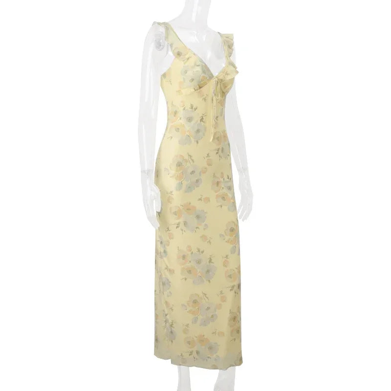 Abiti retrò con scollo a V Abito lungo maxi con stampa floreale gialla senza maniche Abiti eleganti da festa femminili a vita alta