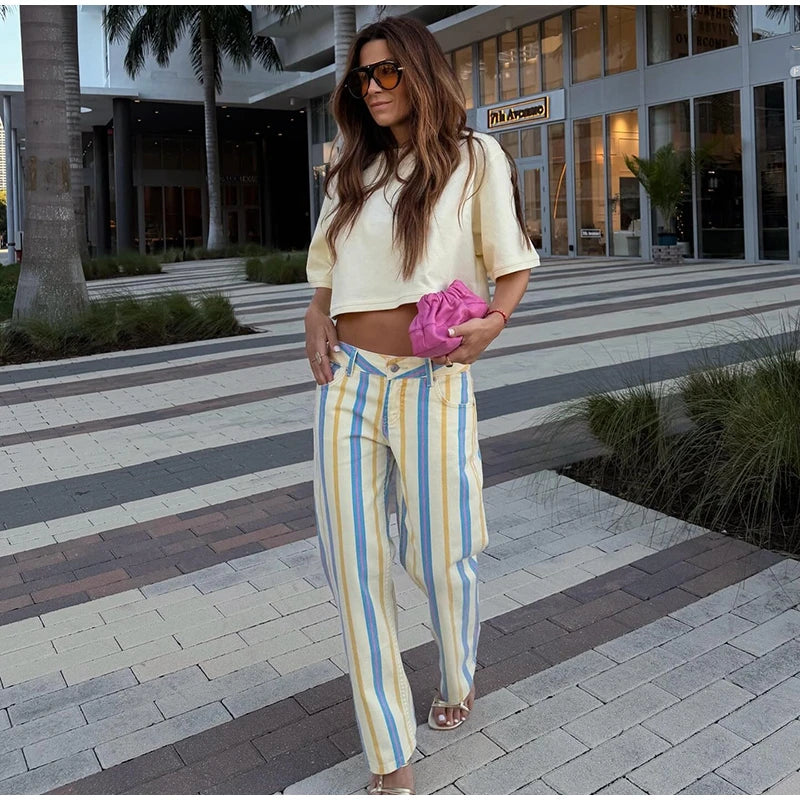 Jeans da Donna a Righe Stile Street Fashion con Cerniera, Bottone e Tasche, Gamba Larga, Pantaloni in Denim Chic Primavera Estate 2026