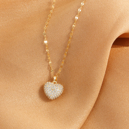 Set con ciondolo a forma di cuore con zirconi, temperamento femminile, collana in acciaio inossidabile placcato oro, regali di gioielli per feste di nozze