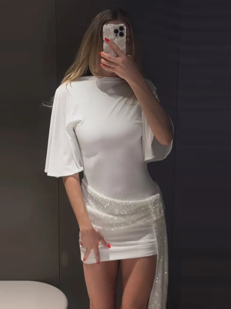 Abiti da Sera per Donna Senza Maniche con Dettagli Traforati e Paillettes, Vestito Corto in Rete Trasparente per Cocktail e Feste, Novità