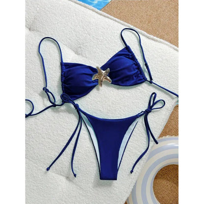 Costume da bagno bikini sexy a tinta unita, due pezzi, ad asciugatura rapida, senza schienale, in tessuto di nylon ad alta elasticità per nuoto e attività acquatiche.