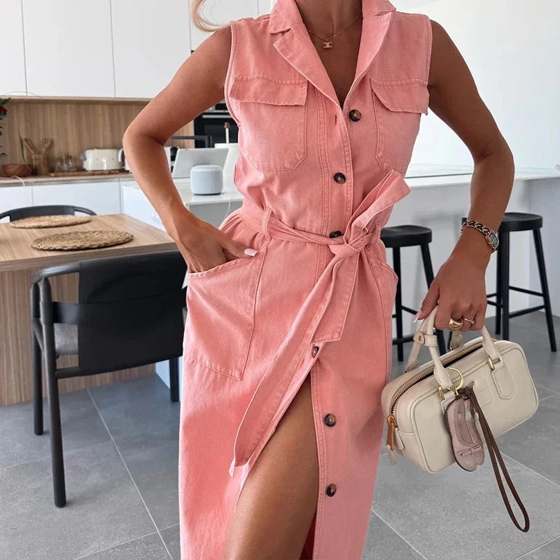 Abito elegante in denim solido con lacci e colletto in risvolto Abito lungo sottile con tasca senza maniche casual Abiti da festa in vita con bottoni alla moda da donna
