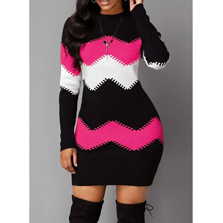 Abito caldo a maniche lunghe patchwork elegante da donna 2022 abito maglione lavorato a maglia a costine autunno inverno mini abiti pullover dolcevita casual