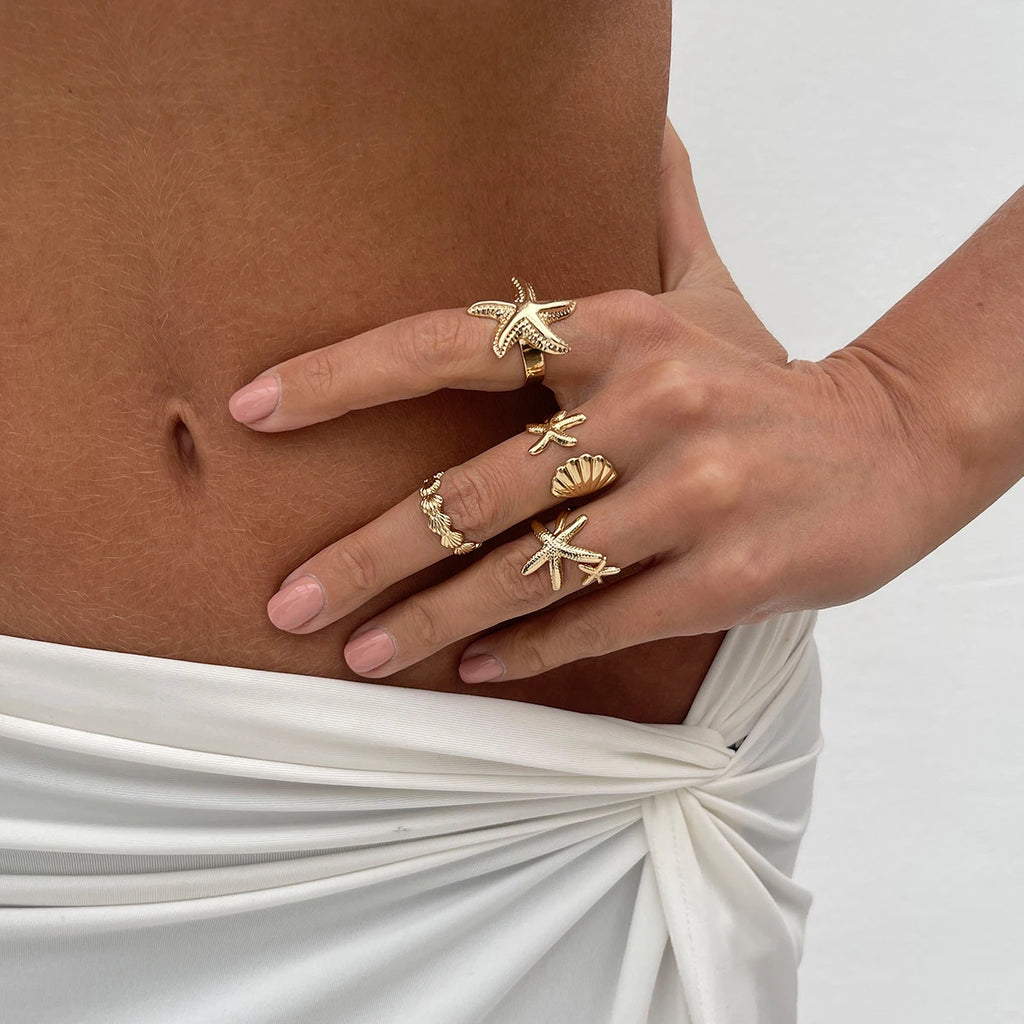 SHIXIN 4 pz/set Starfish capesante anelli aperti regolabili per le donne anello geometrico alla moda Color oro accessorio per gioielli da spiaggia estiva