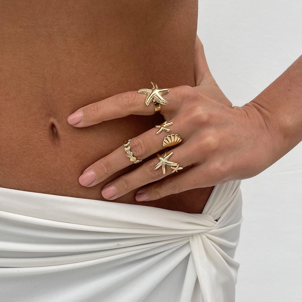 SHIXIN 4 pz/set Starfish capesante anelli aperti regolabili per le donne anello geometrico alla moda Color oro accessorio per gioielli da spiaggia estiva