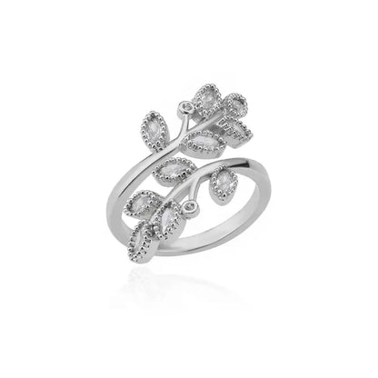 Anelli a foglia a doppio strato con zirconi di lusso per le donne Anello in acciaio inossidabile color oro Boho Coppia gioielli Accessori anelli mujer