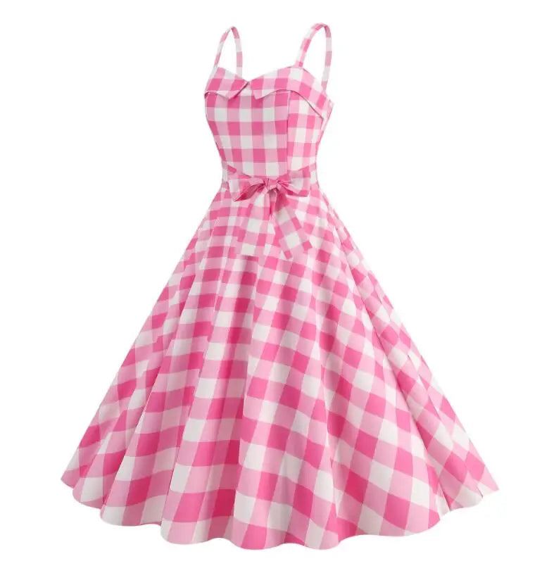 Abito estivo da donna Abito sexy con bretelle scozzese rosa retrò Abiti da festa di Natale Abito femme a vita alta