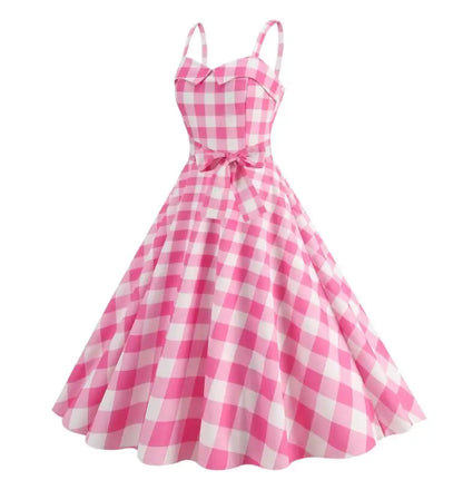 Abito estivo da donna Abito sexy con bretelle scozzese rosa retrò Abiti da festa di Natale Abito femme a vita alta