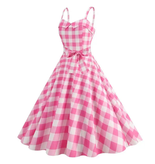 Damen-Sommerkleid, sexy, rosa kariertes Retrokorsett, Weihnachtsfeierkleider, hochtailliertes Damenkleid