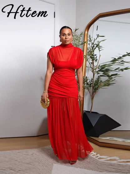 Maglia sexy vedere attraverso lungo abito rosso senza maniche piega patchwork a-line maxi abiti da festa femminile 2025 estate signora abiti slim