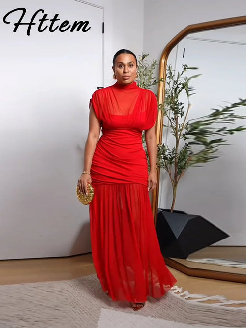 Maglia sexy vedere attraverso lungo abito rosso senza maniche piega patchwork a-line maxi abiti da festa femminile 2025 estate signora abiti slim