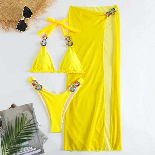 Bikini Giallo Sexy con Strass 2026, Costume da Bagno Femminile, Set Bikini Brasiliano, Abbigliamento da Spiaggia