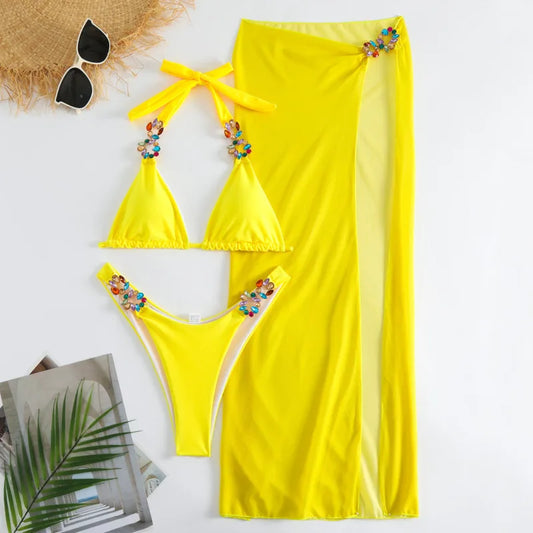 Bikini Giallo Sexy con Strass 2026, Costume da Bagno Femminile, Set Bikini Brasiliano, Abbigliamento da Spiaggia