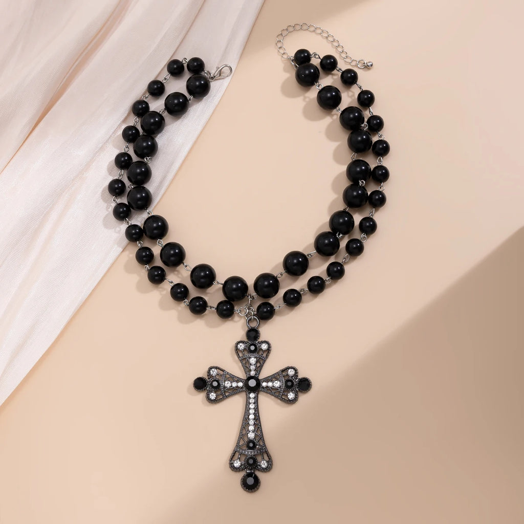 Ingemark multistrato Goth strass croce gesù ciondolo collana girocollo per le donne Vintage perline acriliche regalo di gioielli di Halloween