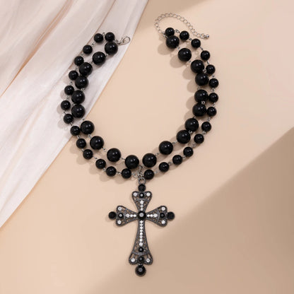 Ingemark multistrato Goth strass croce gesù ciondolo collana girocollo per le donne Vintage perline acriliche regalo di gioielli di Halloween