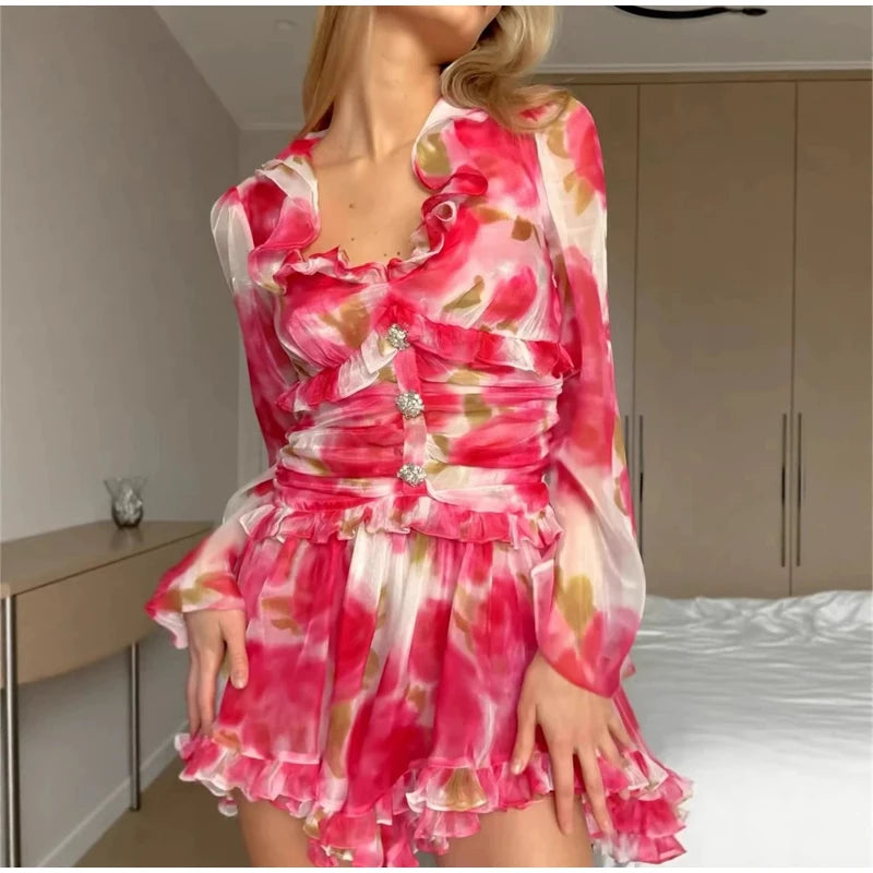 Abito Elegante Floreale da Donna a Trapezio con Pieghe, Mini Abito Sexy a Maniche Lunghe con Volant e Vita Stretta, Abiti da Sera per Vacanze e Street Style 2026