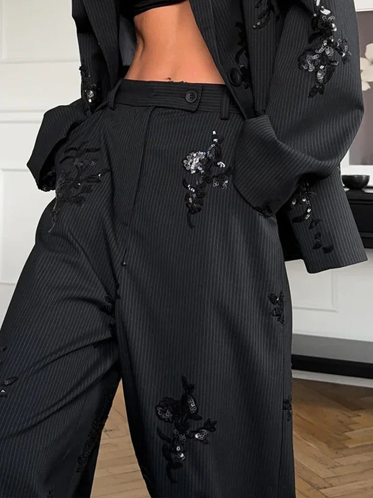 Blazer ricamato con paillettes nero Set da 2 pezzi Cappotto da donna con scollo a V a maniche lunghe con risvolto Pantaloni a gamba larga 2026 Lady Spring Autumn Wear