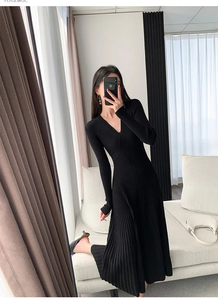 Inverno primavera abbigliamento di base donna capodanno rosso stile francese Design Slim Fit una linea scollo A V maglione lavorato A maglia abito lungo Maxi abiti