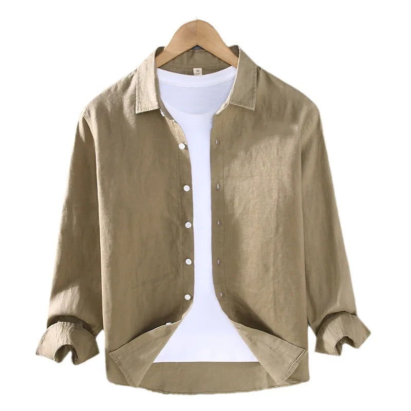 Camicia a maniche lunghe in lino 100% per uomo Primavera Autunno Moda Buona qualità Tinta unita Sottile e traspirante Camicetta con risvolto sano Top maschile