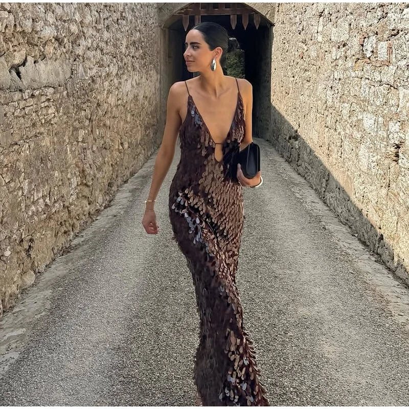 Abito lungo da donna con paillettes Abito lungo con scollo a V Solido Backless Vita alta Abiti senza maniche 2025 Moda Nuova estate Lady Party Robes