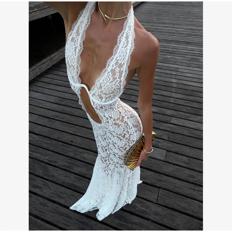 Abito lungo da donna elegante con maniche svasate con lacci Moda scava fuori con spalle scoperte Abiti aderenti 2024 Lady New Beach Partywear
