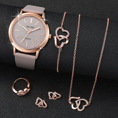 6 pezzi/set moda quadrante smerigliato orologio al quarzo da donna cinturino in pelle orologi da polso set di gioielli a forma di cuore (senza scatola)