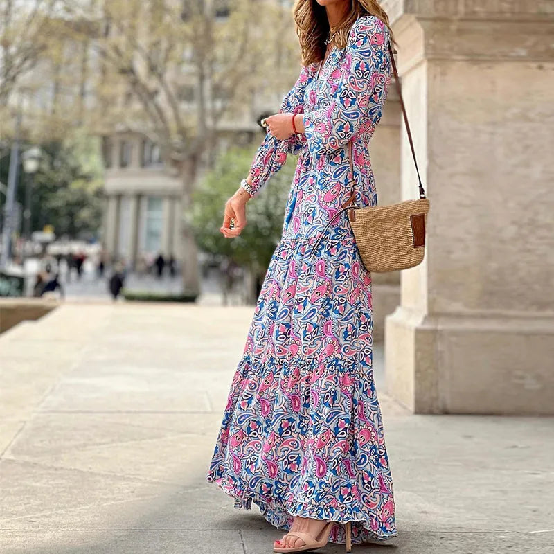 Estate da donna nuova moda stampata sexy scollo a V manica lunga vita alta elastico in vita abiti bohemien di media lunghezza