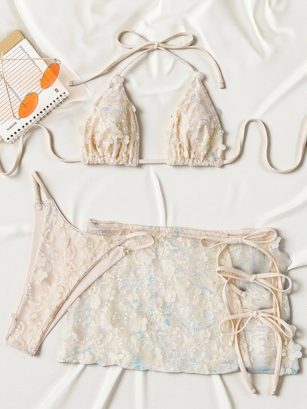 Costume da bagno a 3 pezzi con gonna in rete rosa con paillettes, reggiseno push-up e perizoma, stile brasiliano, per donna, ideale per le vacanze.
