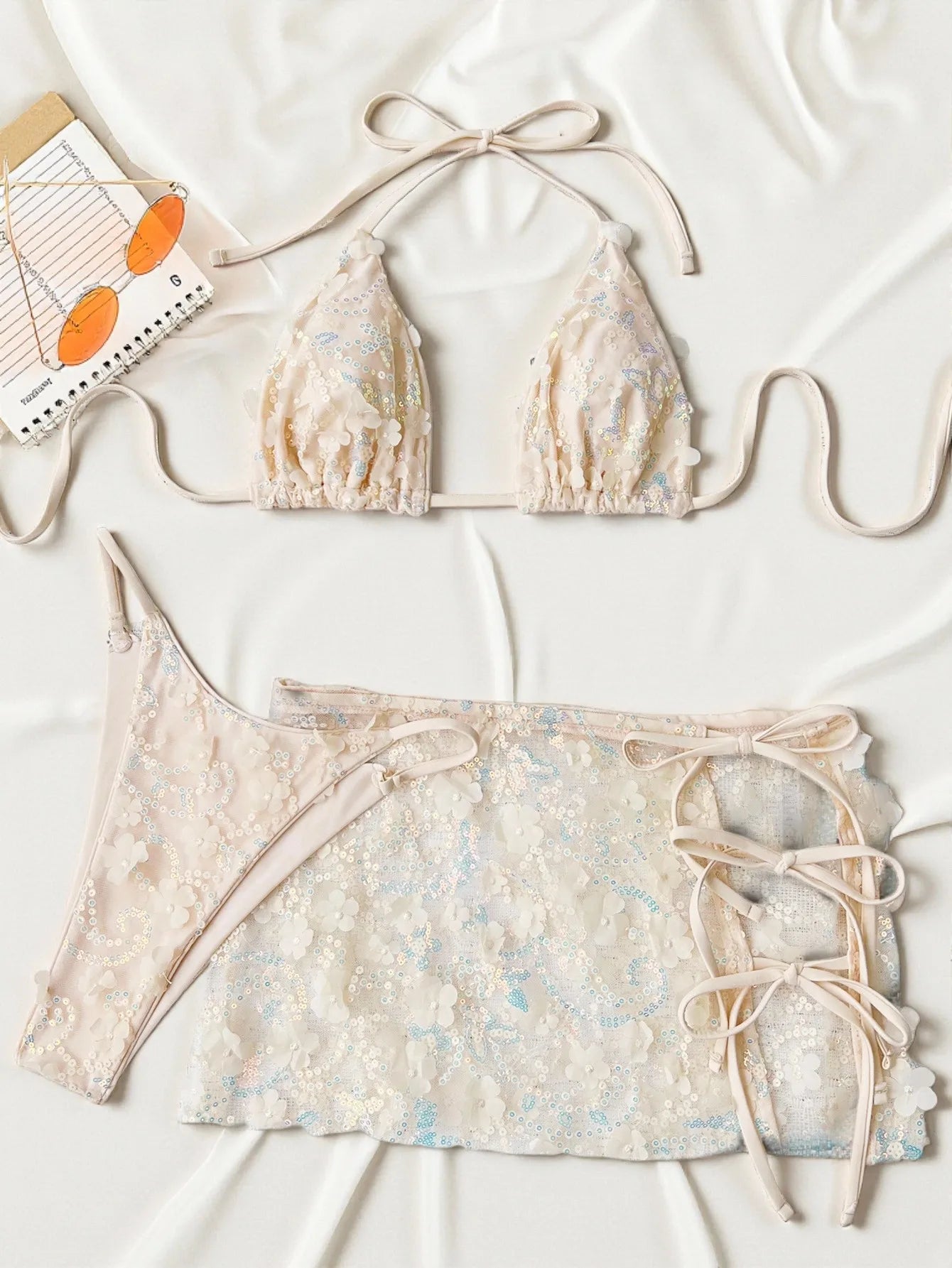 Costume da bagno a 3 pezzi con gonna in rete rosa con paillettes, reggiseno push-up e perizoma, stile brasiliano, per donna, ideale per le vacanze.