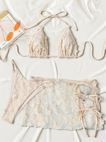 Costume da bagno a 3 pezzi con gonna in rete rosa con paillettes, reggiseno push-up e perizoma, stile brasiliano, per donna, ideale per le vacanze.
