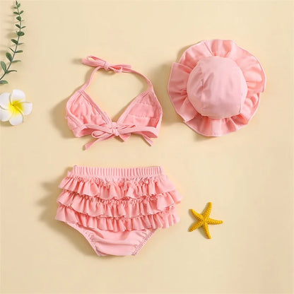 Tregren 0-24M neonate 3 pezzi bikini Set con berretti da bagno Ruffle Bandage Bow costume da bagno Summer Swimwear Beach costume da bagno
