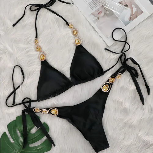 Nero Sexy Bikini 2026 Costume da bagno con strass Donna Costumi da bagno Donna Push Up Bikini Beach Swim Wear Costume da bagno Piscina Bagnante