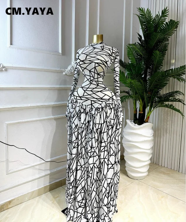 CM.YAYA Abito Lungo da Donna con Maniche Lunghe e Stampa, Collo Tondo, Vestito Maxi 2026 per Serate, Compleanni, Vacanze, Feste Sexy e Club